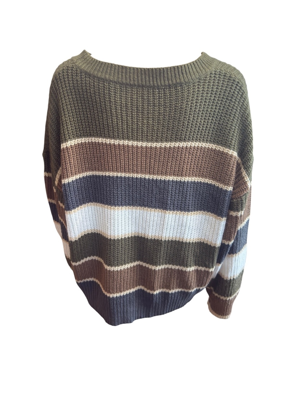 Striped Off-Shoulder Knit Sweater in Olive, Brown & White - Picture 9 of 11